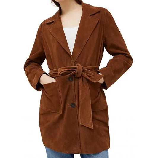 Women Rust Suede Leather Long Trench Coat with Notched Lapel Front View