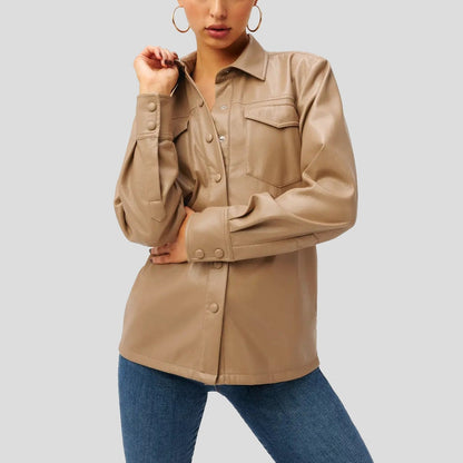 Women’s Warm Caramel Faux Leather Utility Shirt – Button-Up Style
