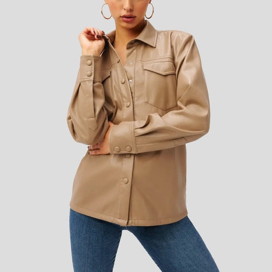 Women’s Warm Caramel Faux Leather Utility Shirt – Button-Up Style