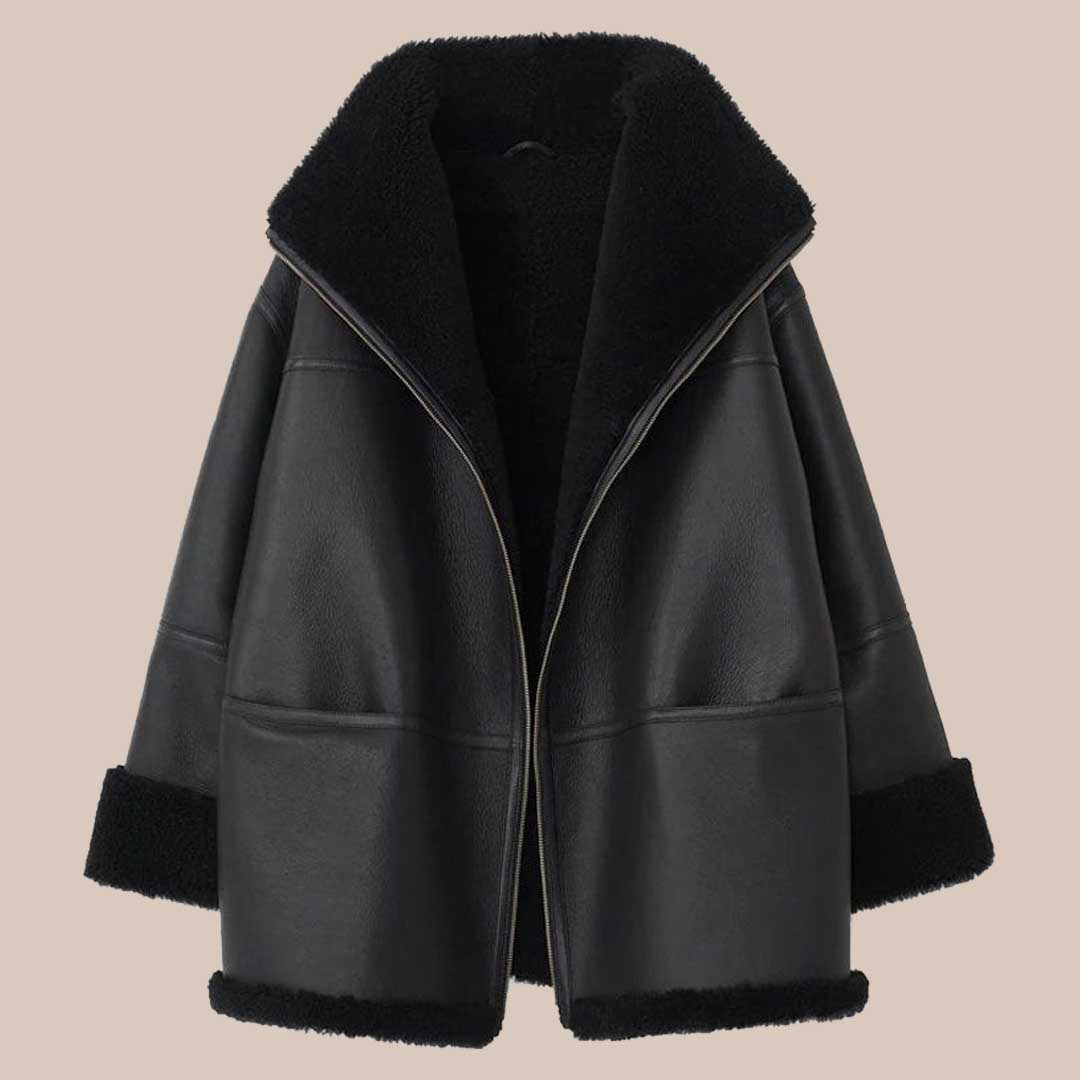 Women's B3 RAF Black Sheepskin Shearling Leather Bomber Jacket Aviator Winter Coat