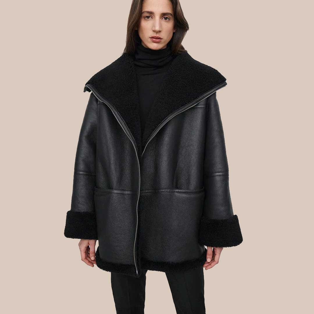 Women's B3 RAF Black Sheepskin Shearling Leather Bomber Jacket Aviator Winter Coat