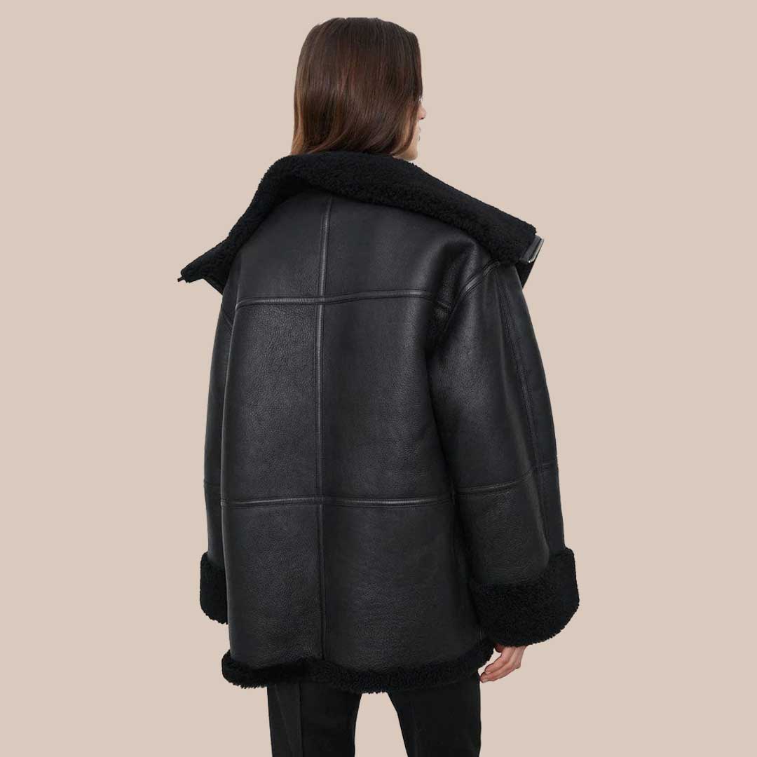 Women's B3 RAF Black Sheepskin Shearling Leather Bomber Jacket Aviator Winter Coat