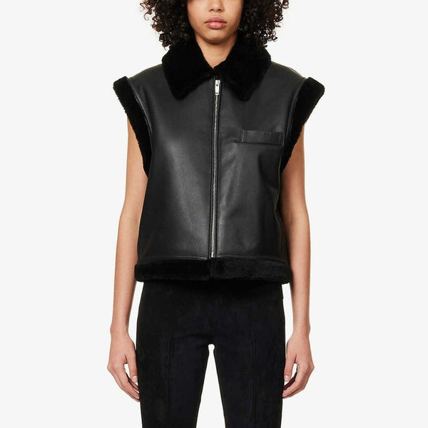 Black Shearling Biker Vest for Women