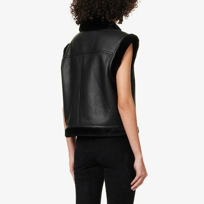 Black Shearling Biker Vest for Women