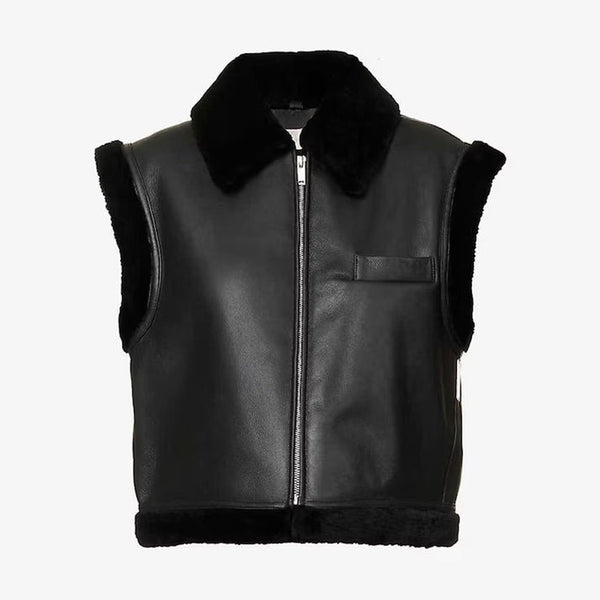 Black Shearling Biker Vest for Women