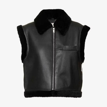 Black Shearling Biker Vest for Women