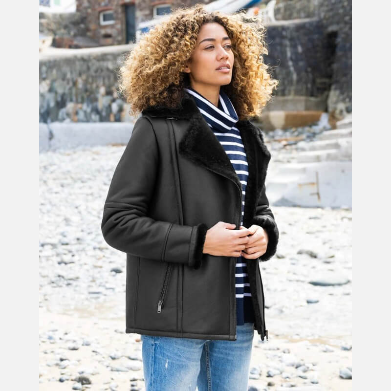 Women’s Black Aviator Shearling Biker Jacket