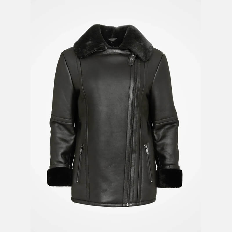 Women’s Black Aviator Shearling Biker Jacket