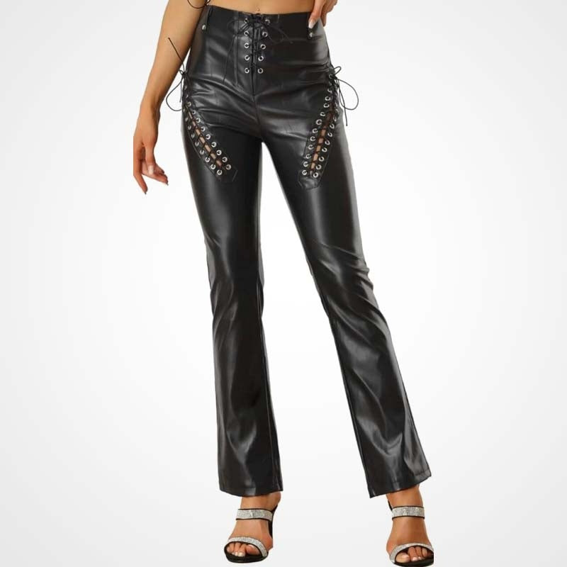 Black Lace-Up Lambskin Leather Biker Pants for Women