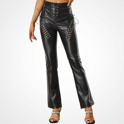 Black Lace-Up Lambskin Leather Biker Pants for Women