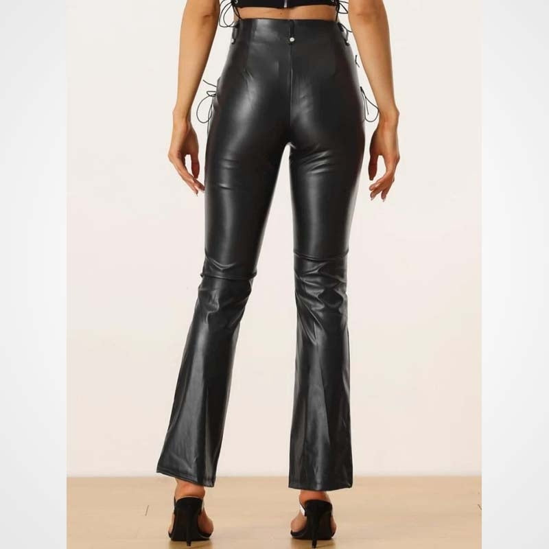 Black Lace-Up Lambskin Leather Biker Pants for Women