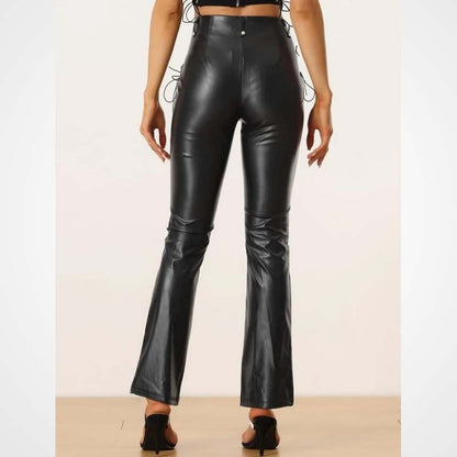 Black Lace-Up Lambskin Leather Biker Pants for Women