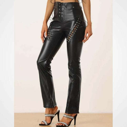 Black Lace-Up Lambskin Leather Biker Pants for Women