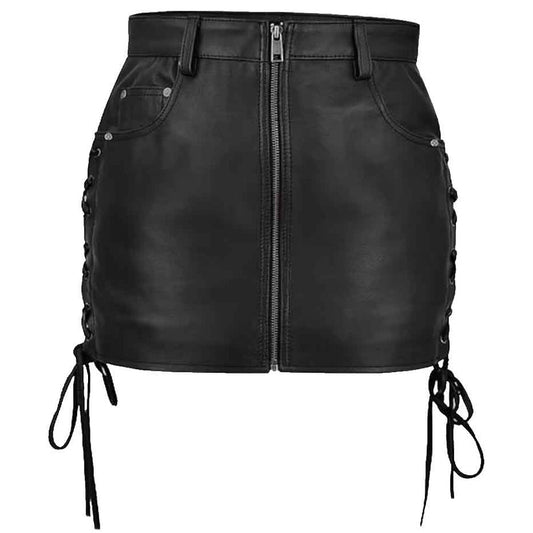 Women's Black Leather Skirt – Side Lace-Up Mini Style