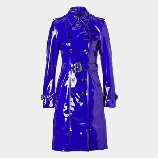 Womens Blue PVC Leather Shiny Raincoat Lightweight Waterproof Trench Coat
