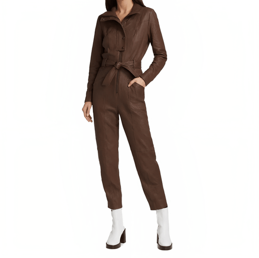 Women's Chocolate Brown Bodycon Leather Jumpsuit – Sleek Fit | Shearling Jackets Store