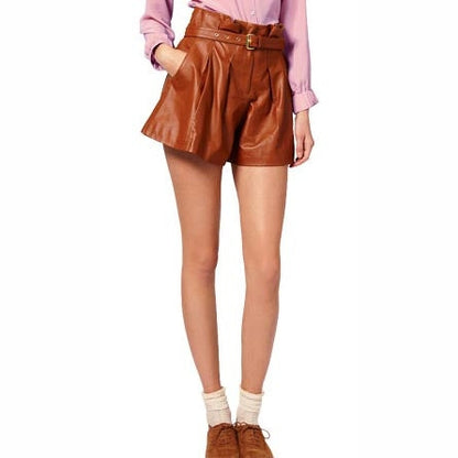 Women’s Camel Belted Leather Shorts – Genuine & Chic