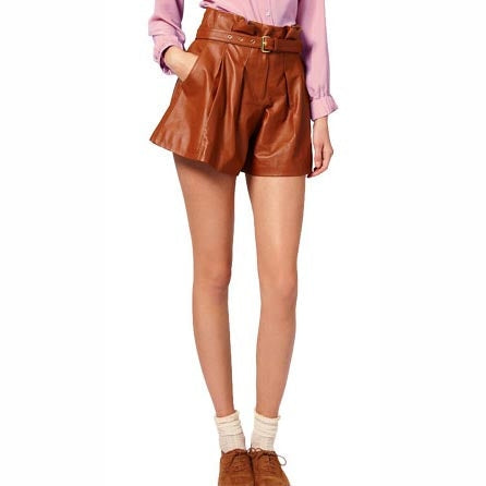 Women’s Camel Belted Leather Shorts – Genuine & Chic