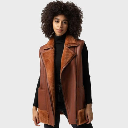 Dark Brown Shearling Leather Vest for Women