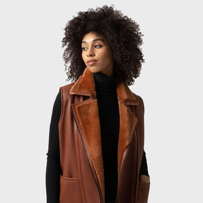 Dark Brown Shearling Leather Vest for Women