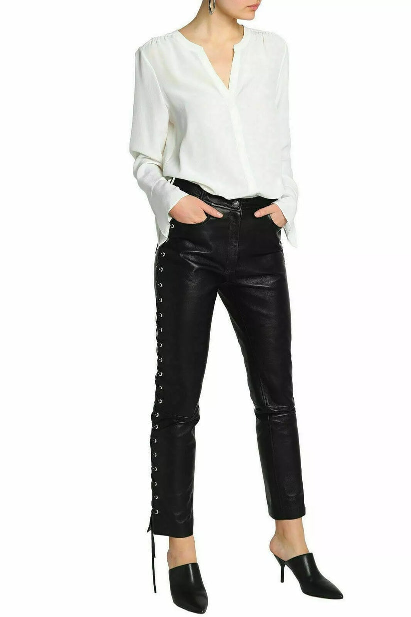 Designer Black Lambskin Leather Pants for Women – Luxury Slim Fit