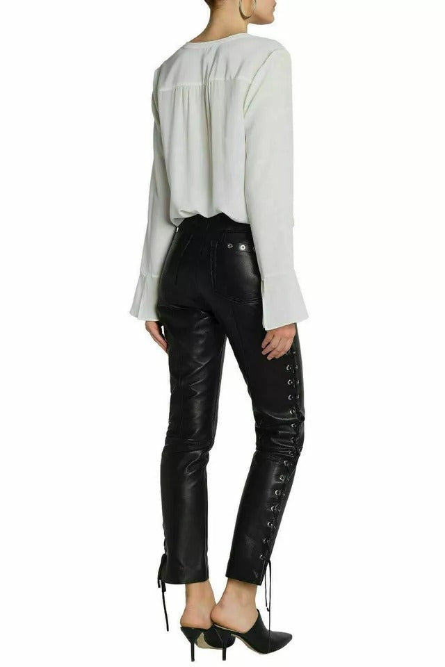 Designer Black Lambskin Leather Pants for Women – Luxury Slim Fit
