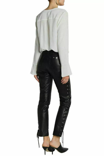 Designer Black Lambskin Leather Pants for Women – Luxury Slim Fit