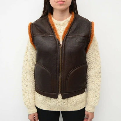 Coffee Brown Shearling Leather Vest for Women