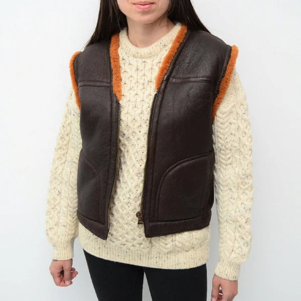 Coffee Brown Shearling Leather Vest for Women