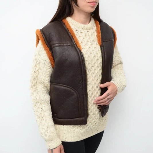 Coffee Brown Shearling Leather Vest for Women