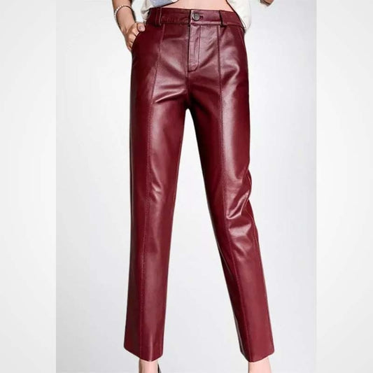 Maroon Lambskin Leather Pants for Women – Slim Fit Pencil Style
