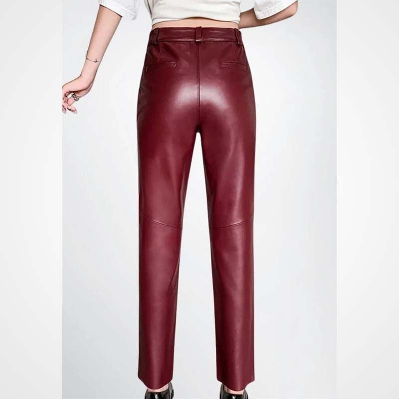 Maroon Lambskin Leather Pants for Women – Slim Fit Pencil Style
