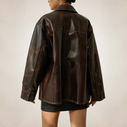 Women’s Oversized Brown Leather Shirt Jacket – Relaxed Utility Style