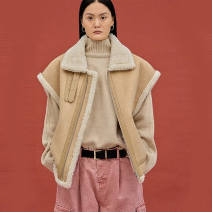 Oversized Beige Shearling Leather Vest for Women