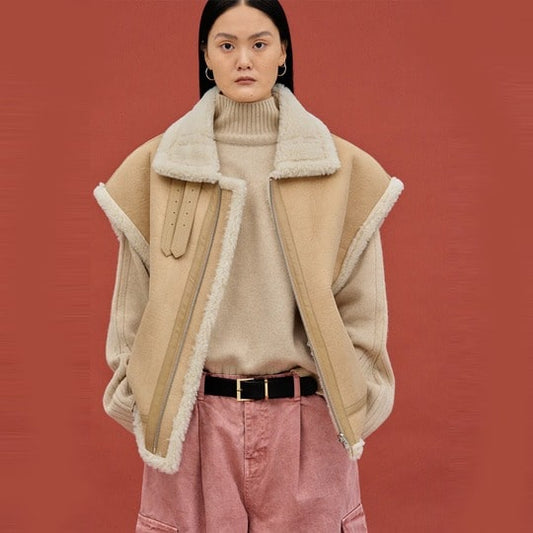 Oversized Beige Shearling Leather Vest for Women