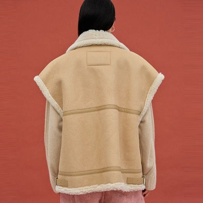 Oversized Beige Shearling Leather Vest for Women