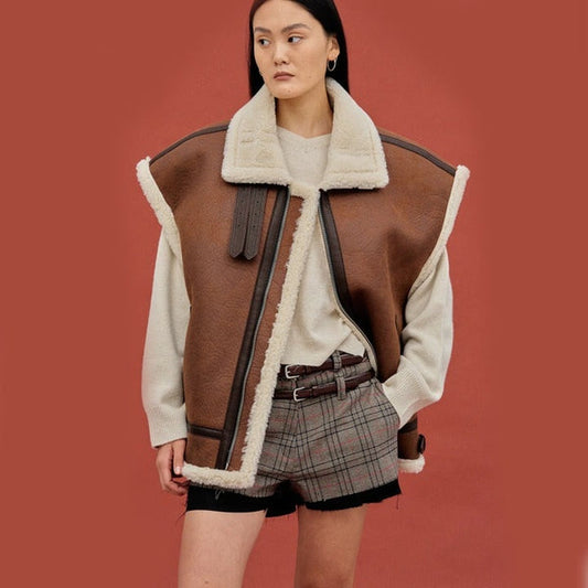 Oversized Dark Brown Shearling Leather Vest for Women
