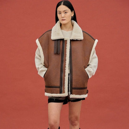 Oversized Dark Brown Shearling Leather Vest for Women