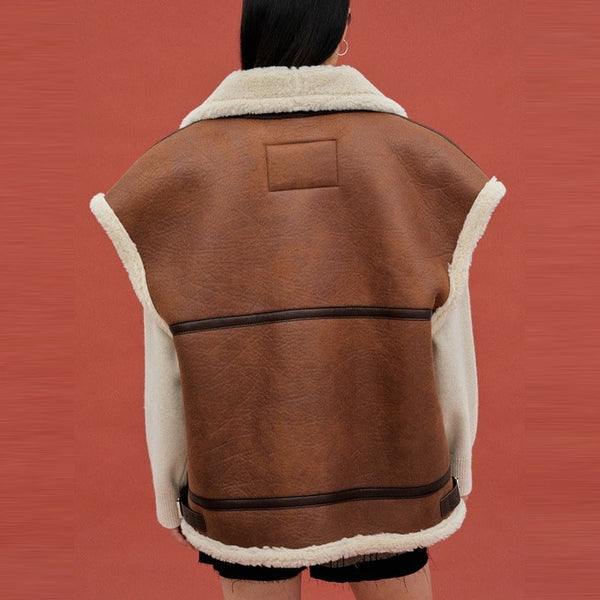 Oversized Dark Brown Shearling Leather Vest for Women