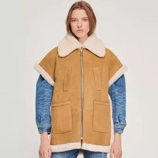 Coffee Brown Shearling Leather Vest for Women