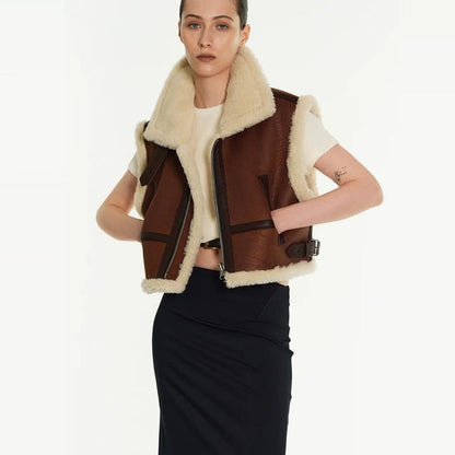 Cropped Dark Brown Shearling Leather Vest for Women