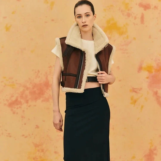 Cropped Dark Brown Shearling Leather Vest for Women