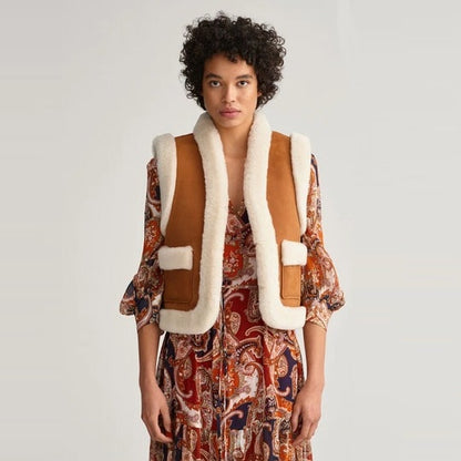 Brown Shearling Leather Vest for Women