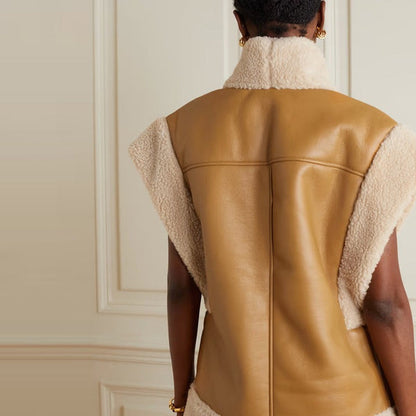Open‑Front Brown Shearling Leather Vest for Women