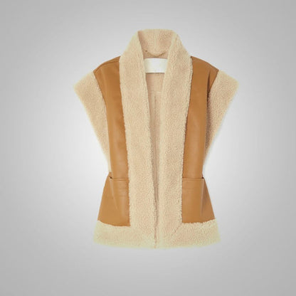 Open‑Front Brown Shearling Leather Vest for Women