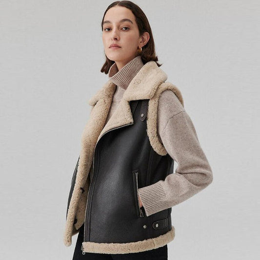 Women's Sheepskin Biker Leather Vest In Black