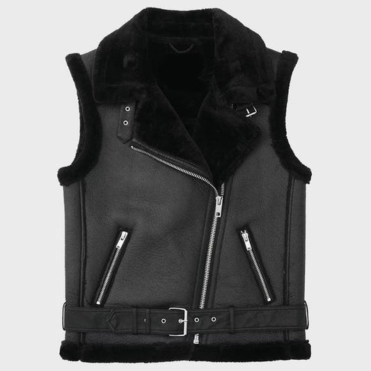 Black Belted Shearling Biker Vest for Women