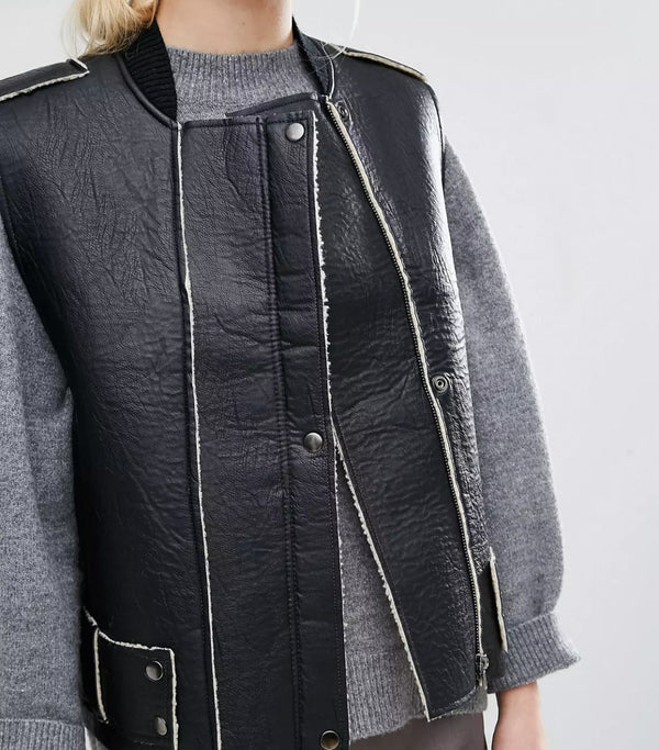 Black Shearling Leather Vest for Women