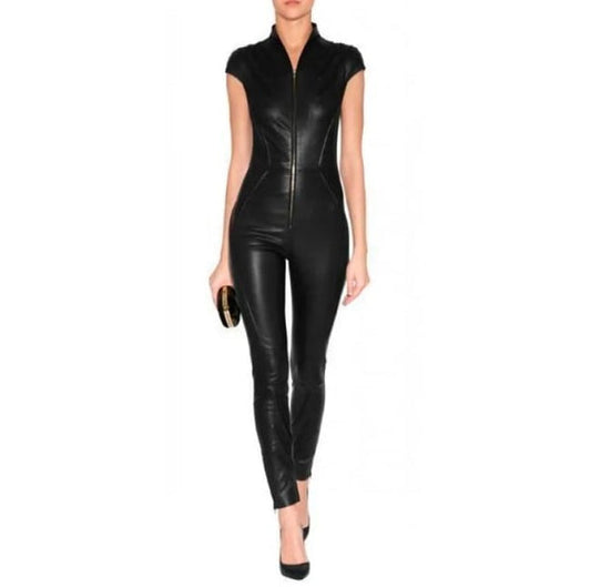 Shear Luxe Women’s Black Leather Bodycon Jumpsuit