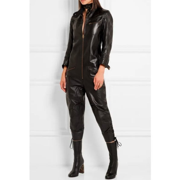 Women's Black Bodycon Leather Jumpsuit – Sleek & Sexy Fit
